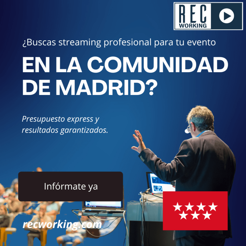 Foto de un evento en vídeo streaming para una empresa en Madrid y el título: "¿Buscas streaming profesional para tu evento en la Comunidad de Madrid?"