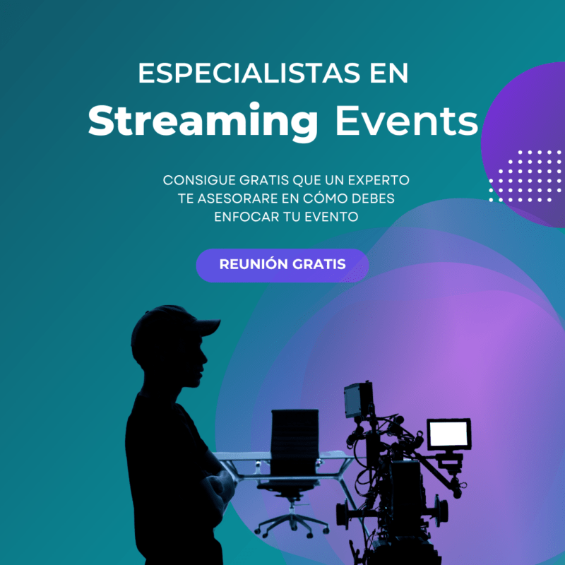 Imagen de un técnico en grabación de vídeo profesional bajo el texto: Especialistas en Streaming Events, para solicitar una reunión de asesoramiento gratis