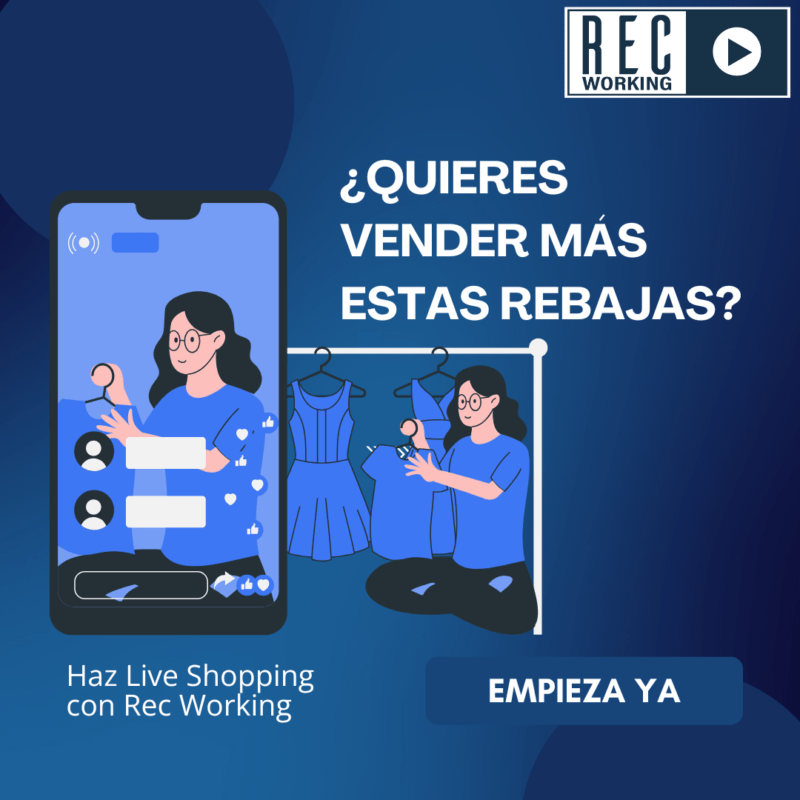 Dibujo de una persona haciendo Live Shopping donde se lee: Aumenta tus Ventas en Rebajas con Live Shopping: Consejos de Rec Working